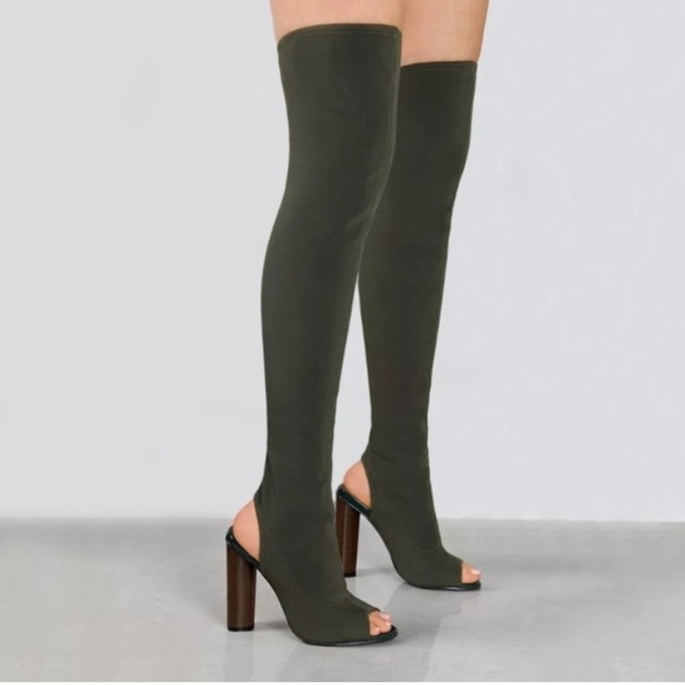 SEASON 2 Olive Green Suede‎ Peep Toe Thigh High Boots Block Heel Size 38 EU